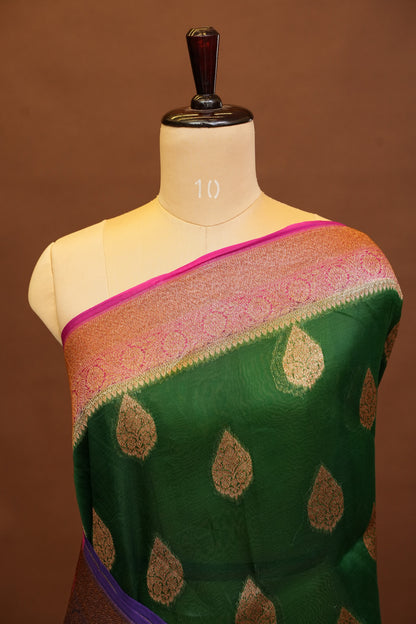 Pure Banarasi Organza(Kora) Silk Handloom Saree with Antique Zari Buttas & Border – Emerald Green with Pink & Purple | Silk Mark Certified