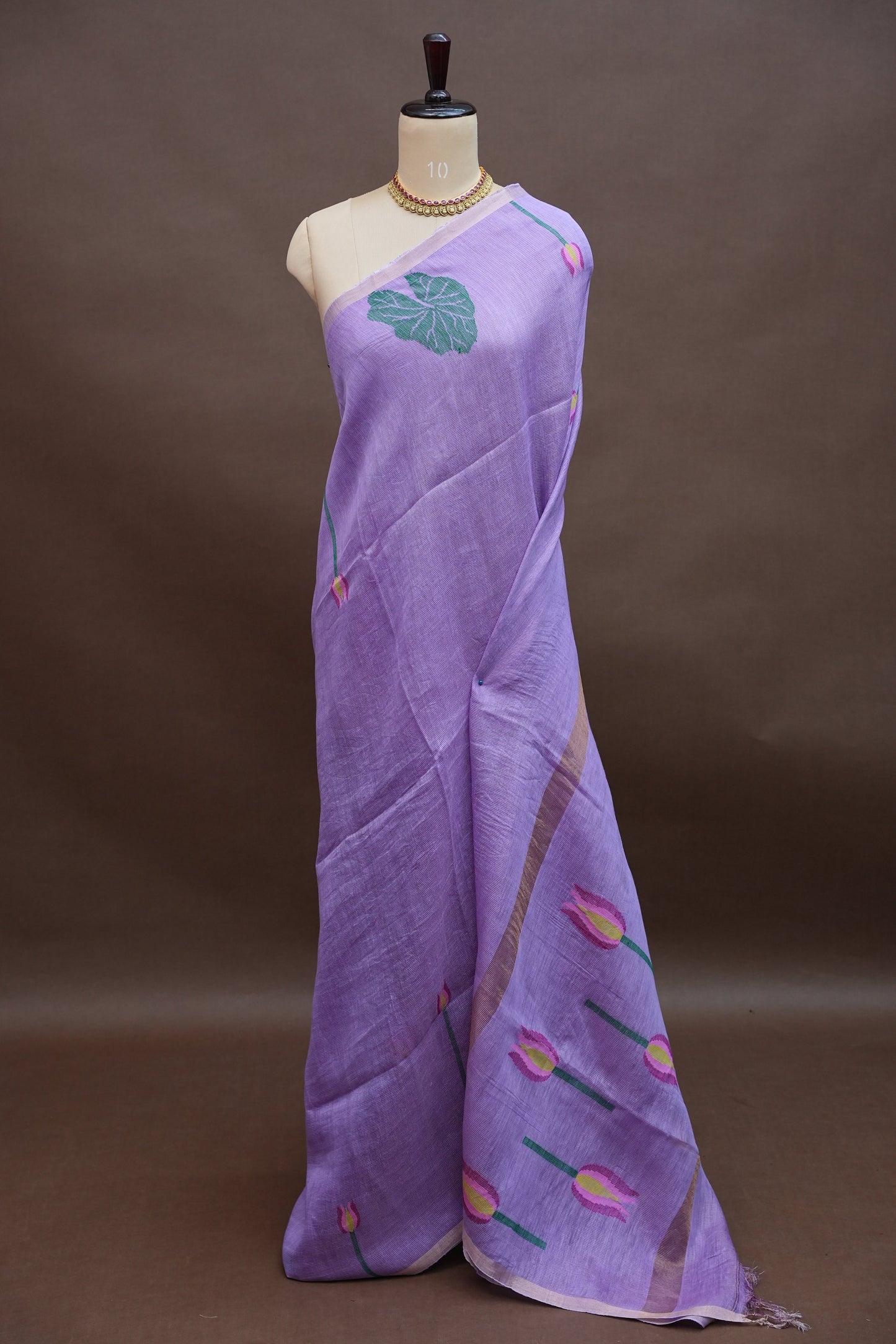 Pure Silk Linen Tissue Handwoven Jamdani Saree – Lavender with Floral Jamdani Weaving