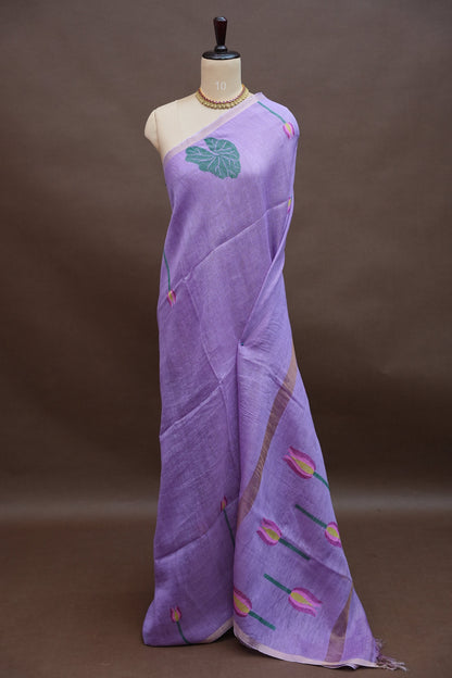Pure Silk Linen Tissue Handwoven Jamdani Saree – Lavender with Floral Jamdani Weaving