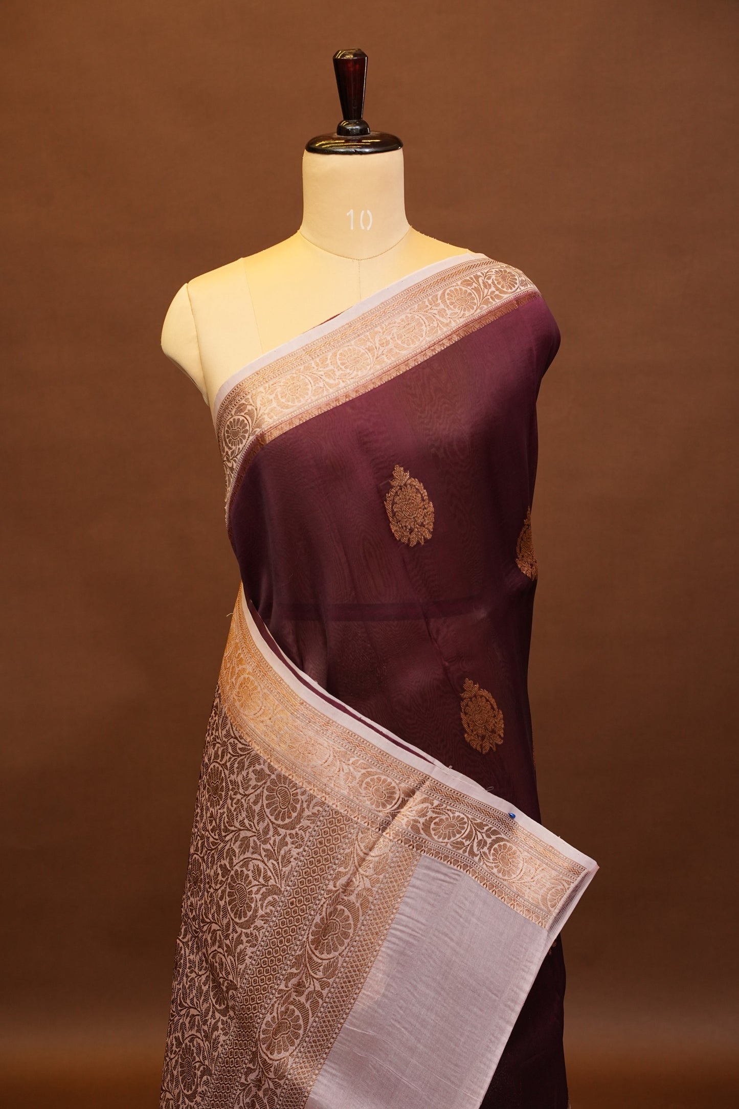 Pure Banarasi Organza (Kora) Silk Handloom Saree with Antique Gold Zari Buttas & Border – Coffee Brown with Baby Pink | Silk Mark Certified