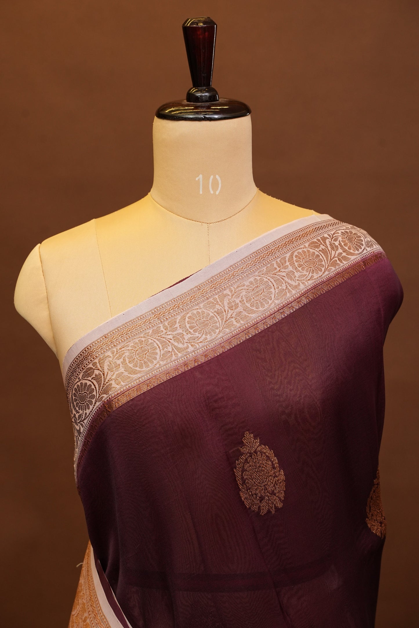 Pure Banarasi Organza (Kora) Silk Handloom Saree with Antique Gold Zari Buttas & Border – Coffee Brown with Baby Pink | Silk Mark Certified