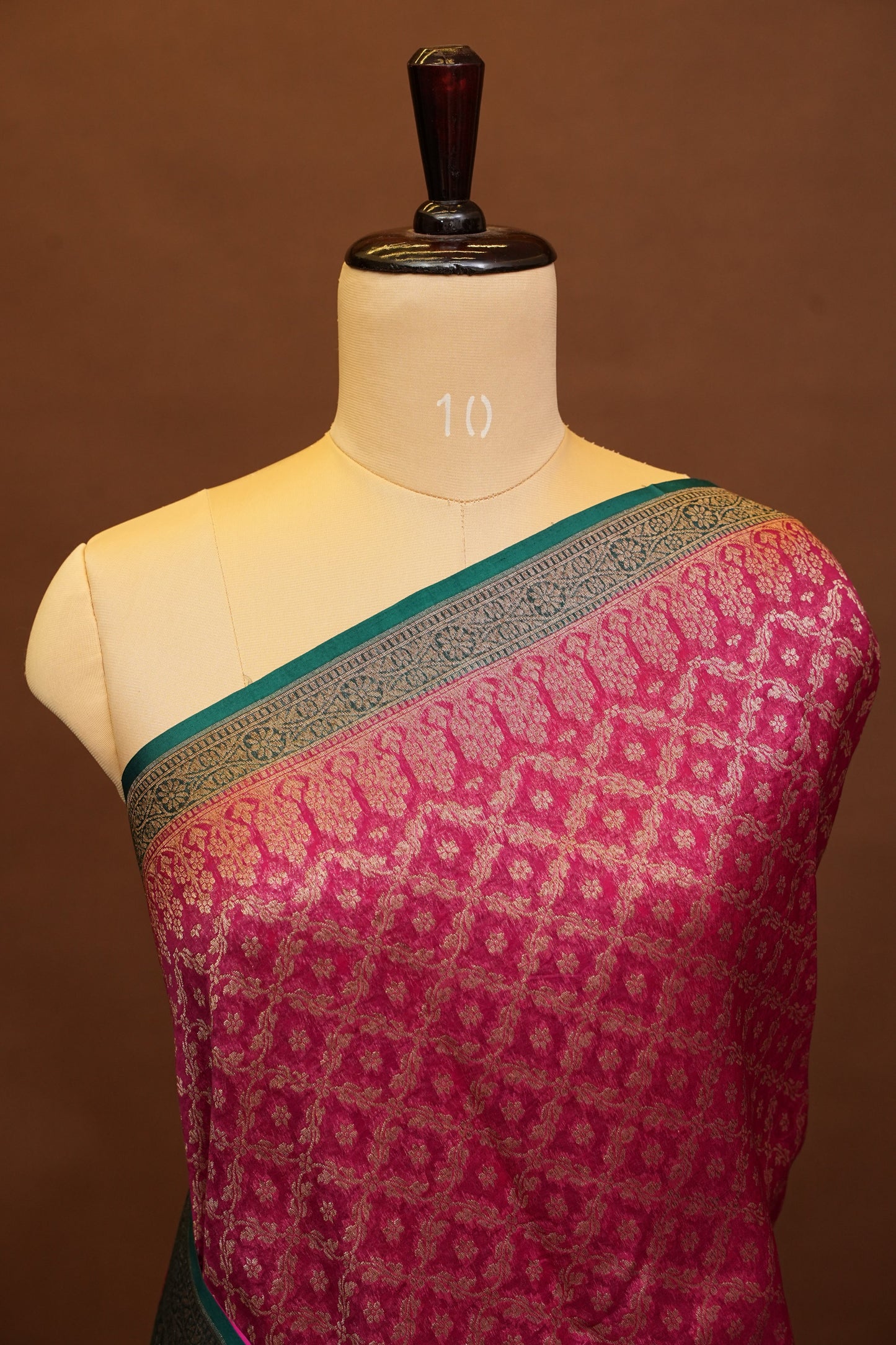 Pure Banarasi Organza(Kora) Silk Handloom Saree with Antique Zari Jaal – Deep Pink with Emerald Green Border | Silk Mark Certified