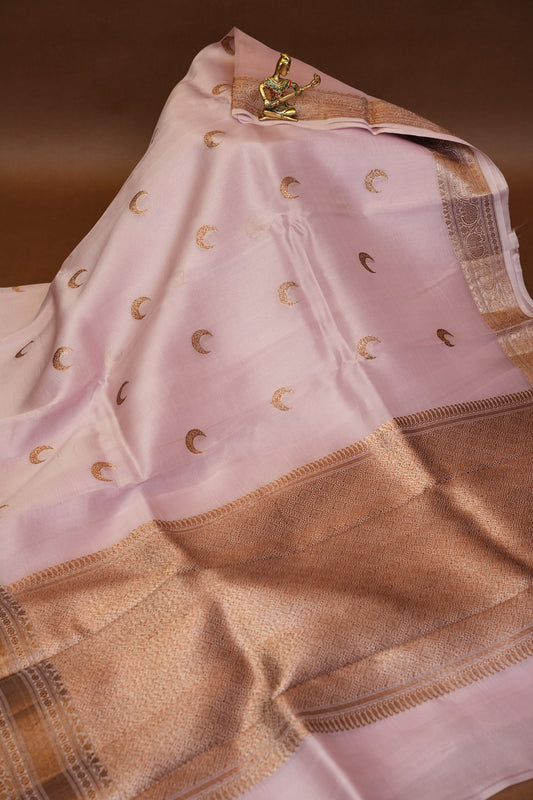Pure Banarasi Organza(Kora) Silk Handloom Saree with Antique Gold Zari Buttas & Border – Baby Pink | Silk Mark Certified