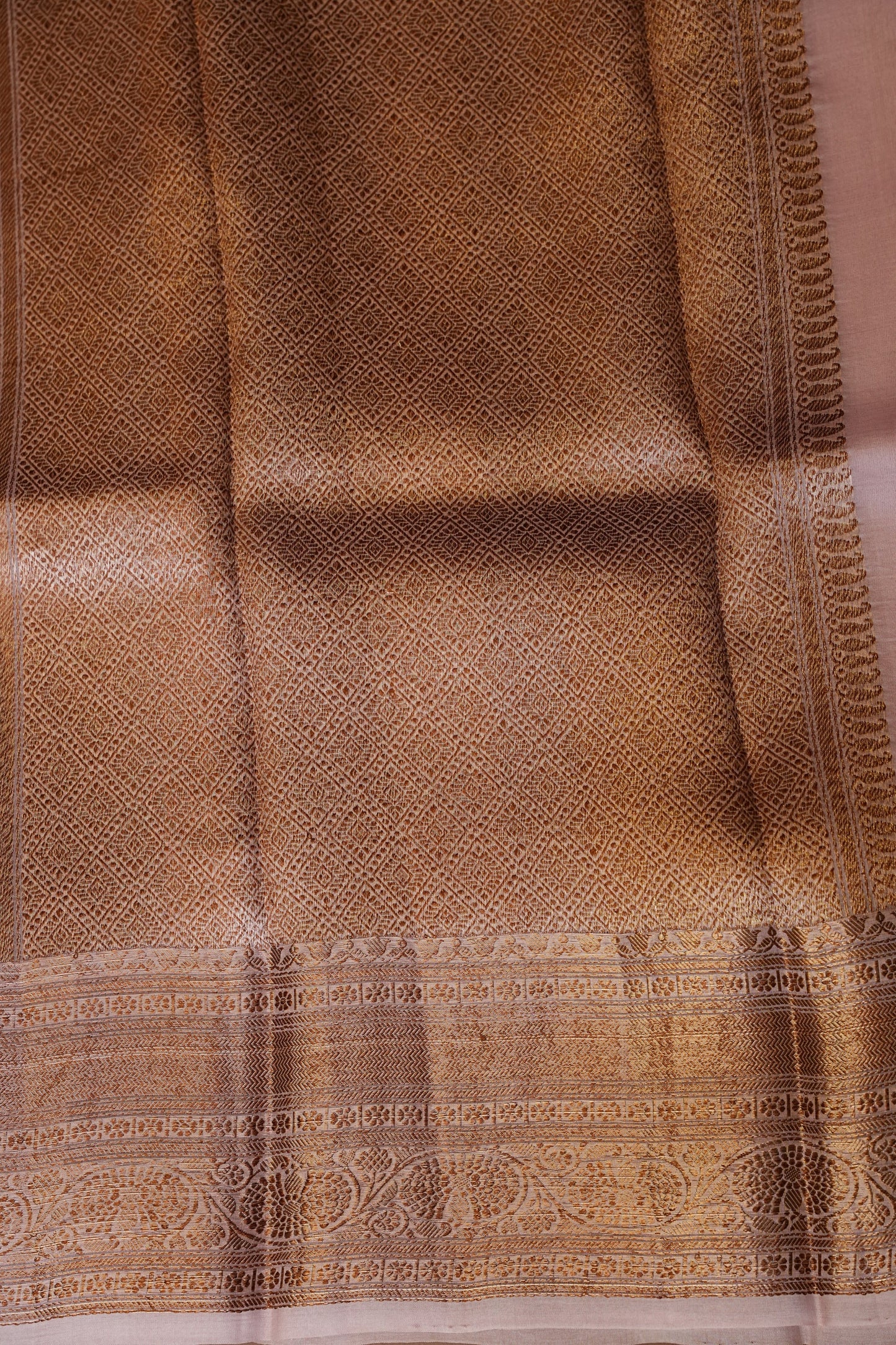 Pure Banarasi Organza(Kora) Silk Handloom Saree with Antique Gold Zari Buttas & Border – Baby Pink | Silk Mark Certified