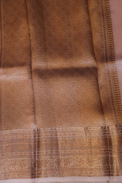 Pure Banarasi Organza(Kora) Silk Handloom Saree with Antique Gold Zari Buttas & Border – Baby Pink | Silk Mark Certified