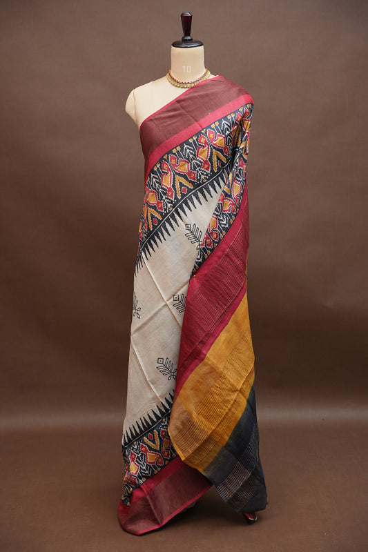 PURE TUSSAR SILK SAREE WITH PATOLA PRINTS | SILK MARK CERTIFICATE