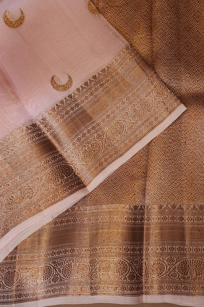 Pure Banarasi Organza(Kora) Silk Handloom Saree with Antique Gold Zari Buttas & Border – Baby Pink | Silk Mark Certified