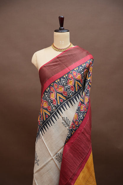 PURE TUSSAR SILK SAREE WITH PATOLA PRINTS | SILK MARK CERTIFICATE