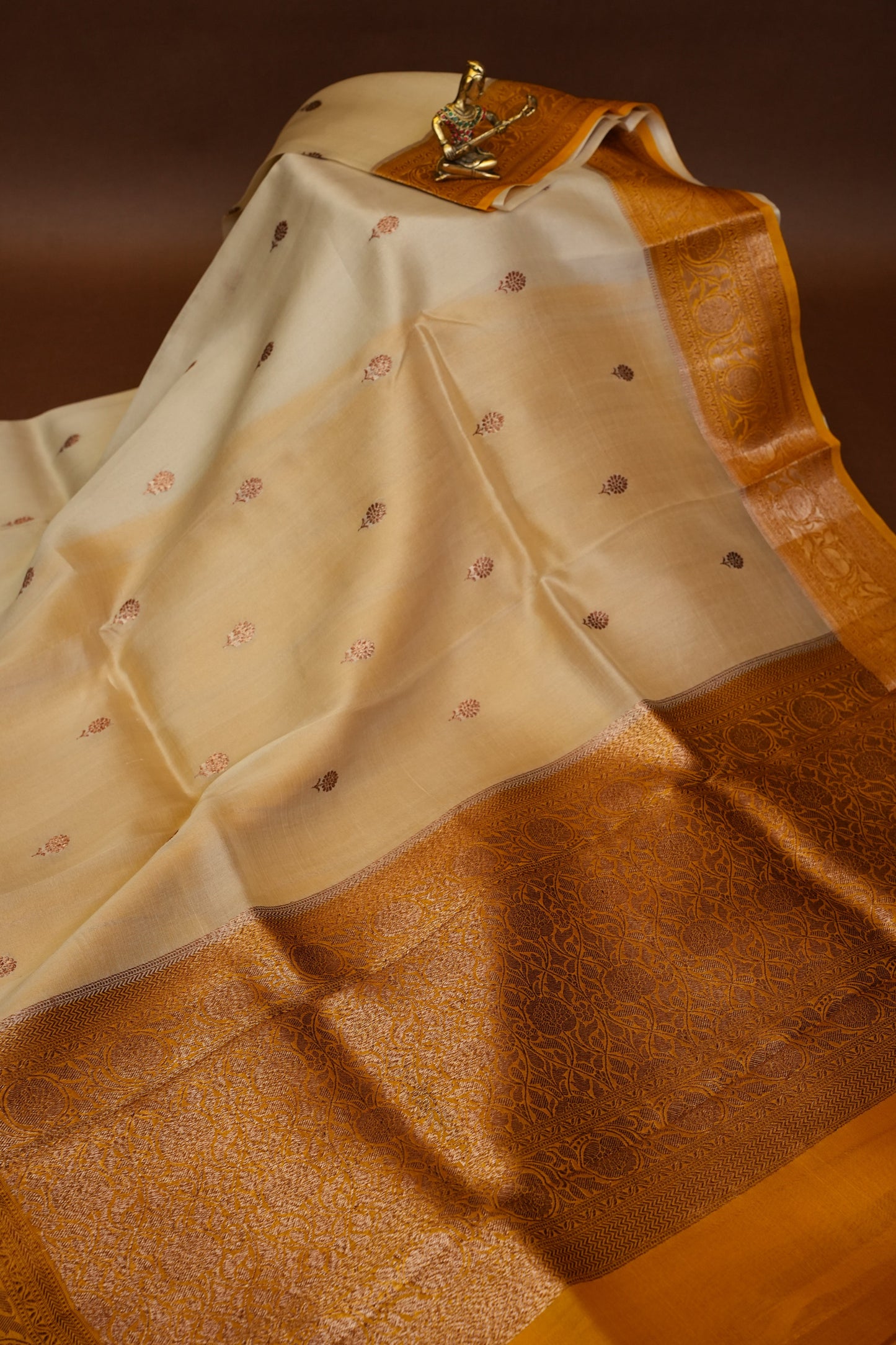 Pure Banarasi Organza(Kora) Silk Handloom Saree with Antique Gold Zari Buttas & Border – Champagne Gold & Mustard | Silk Mark Certified