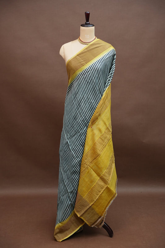 Pure Tussar Silk Saree Steel Grey with Lemon Yellow Pallu|Silk Mark Certified