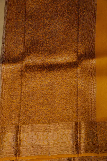 Pure Banarasi Organza(Kora) Silk Handloom Saree with Antique Gold Zari Buttas & Border – Champagne Gold & Mustard | Silk Mark Certified
