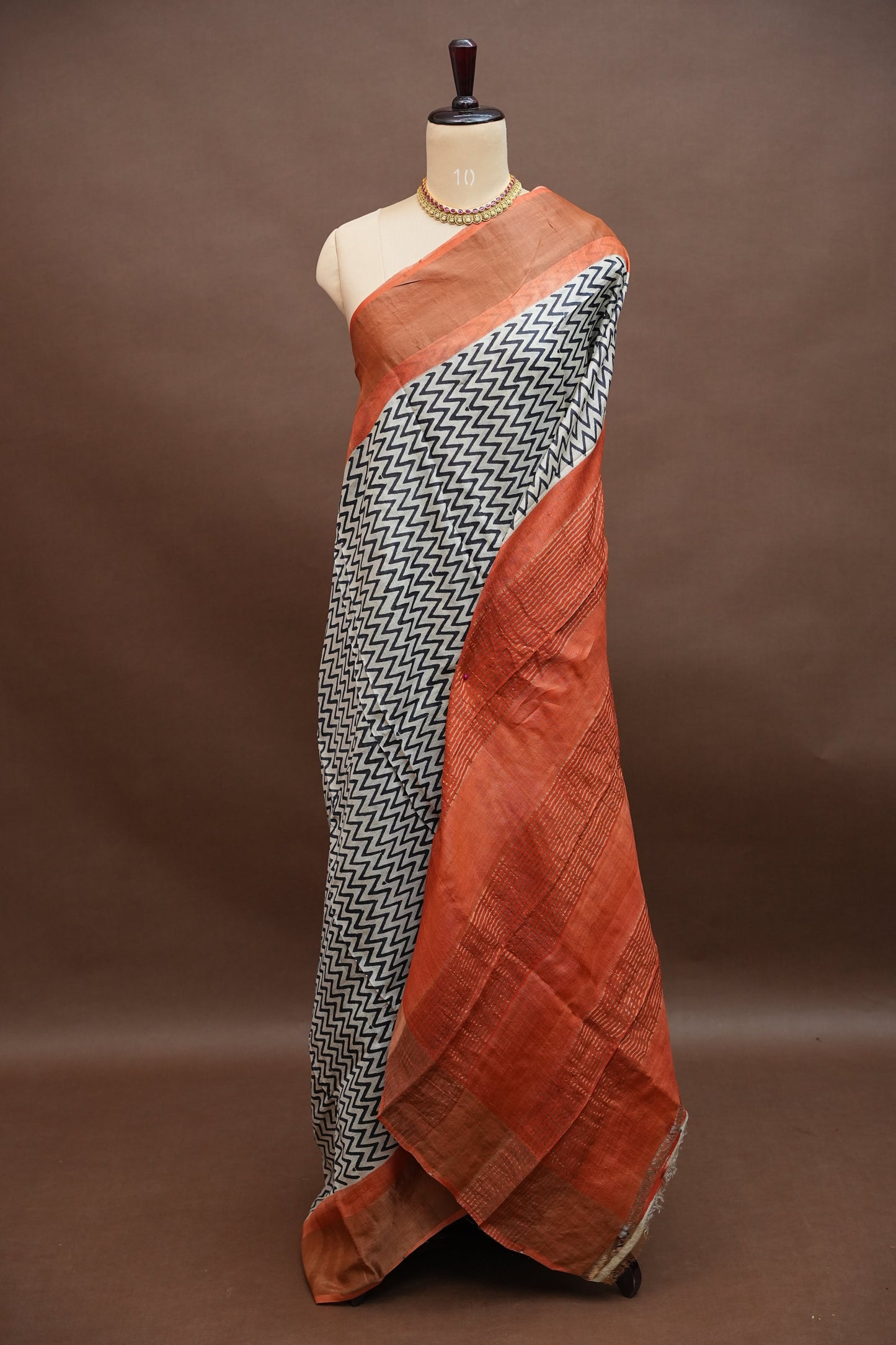 Pure Tussar Silk Saree in Ivory Chevron Weave with Terracotta Rust Pallu|Silk Mark Certified