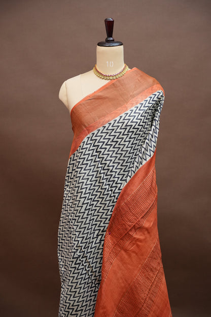 Pure Tussar Silk Saree in Ivory Chevron Weave with Terracotta Rust Pallu|Silk Mark Certified