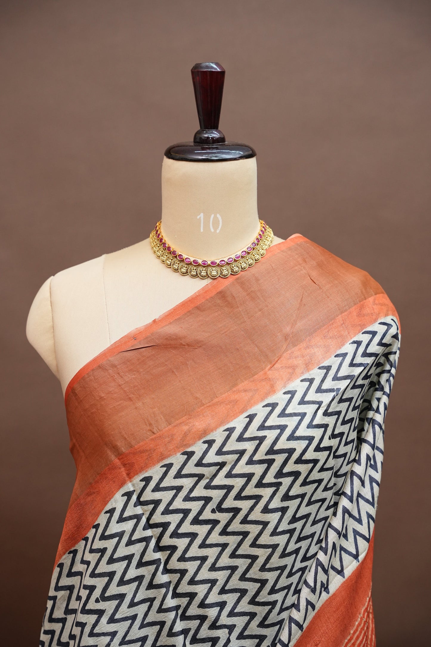 Pure Tussar Silk Saree in Ivory Chevron Weave with Terracotta Rust Pallu|Silk Mark Certified