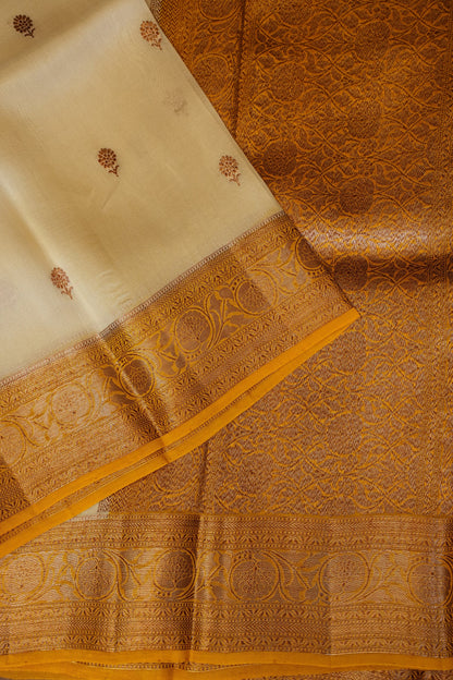 Pure Banarasi Organza(Kora) Silk Handloom Saree with Antique Gold Zari Buttas & Border – Champagne Gold & Mustard | Silk Mark Certified