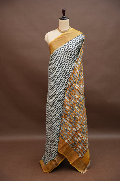 Pure Tussar Silk Saree in Ivory Checks with Mustard Yellow|Silk Mark Certified