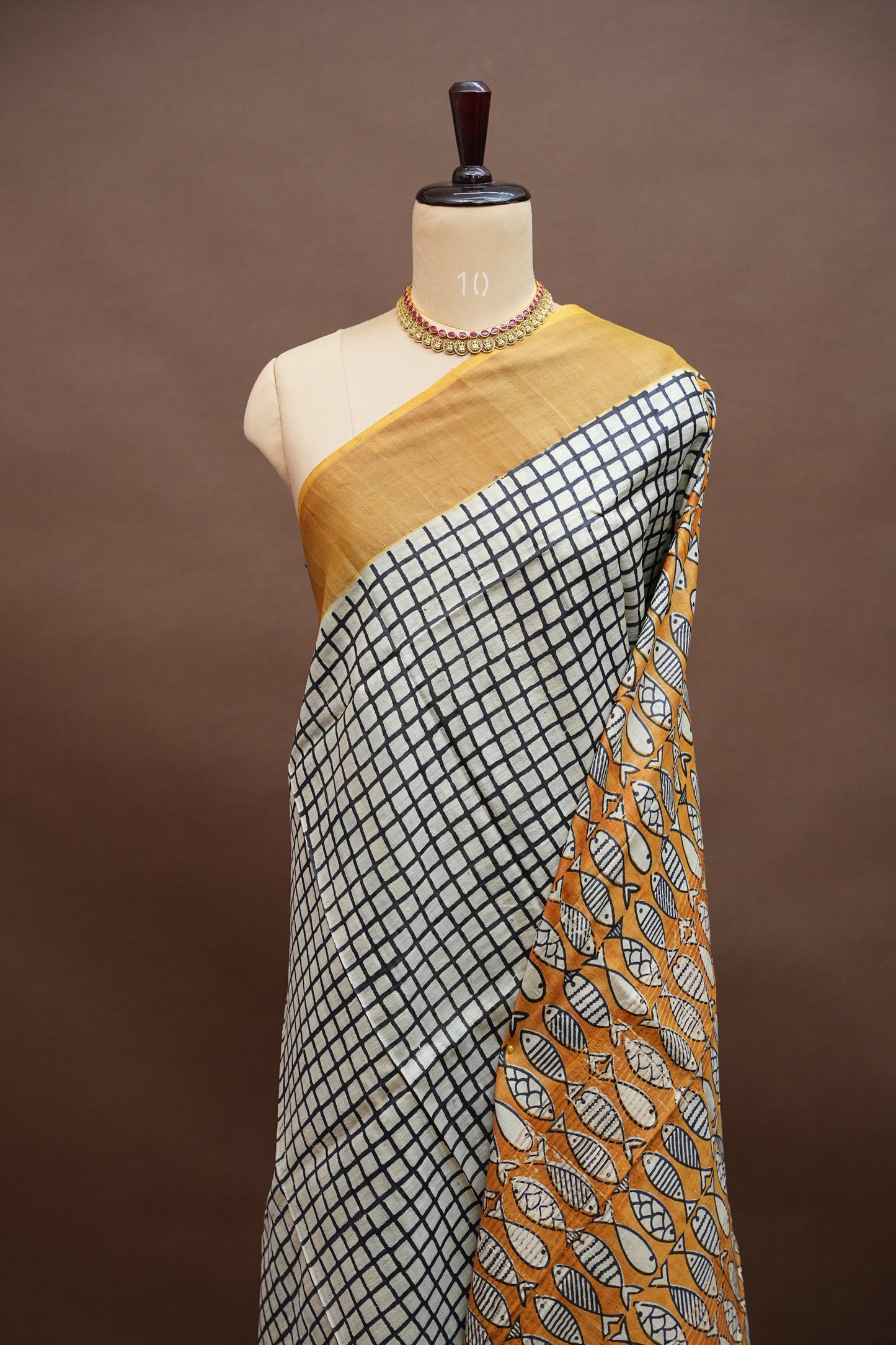 Pure Tussar Silk Saree in Ivory Checks with Mustard Yellow|Silk Mark Certified