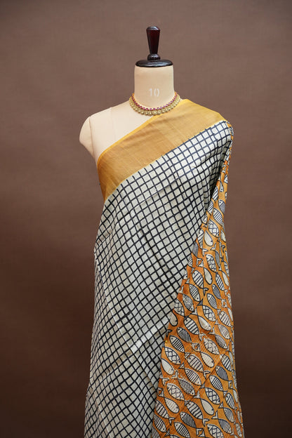 Pure Tussar Silk Saree in Ivory Checks with Mustard Yellow|Silk Mark Certified