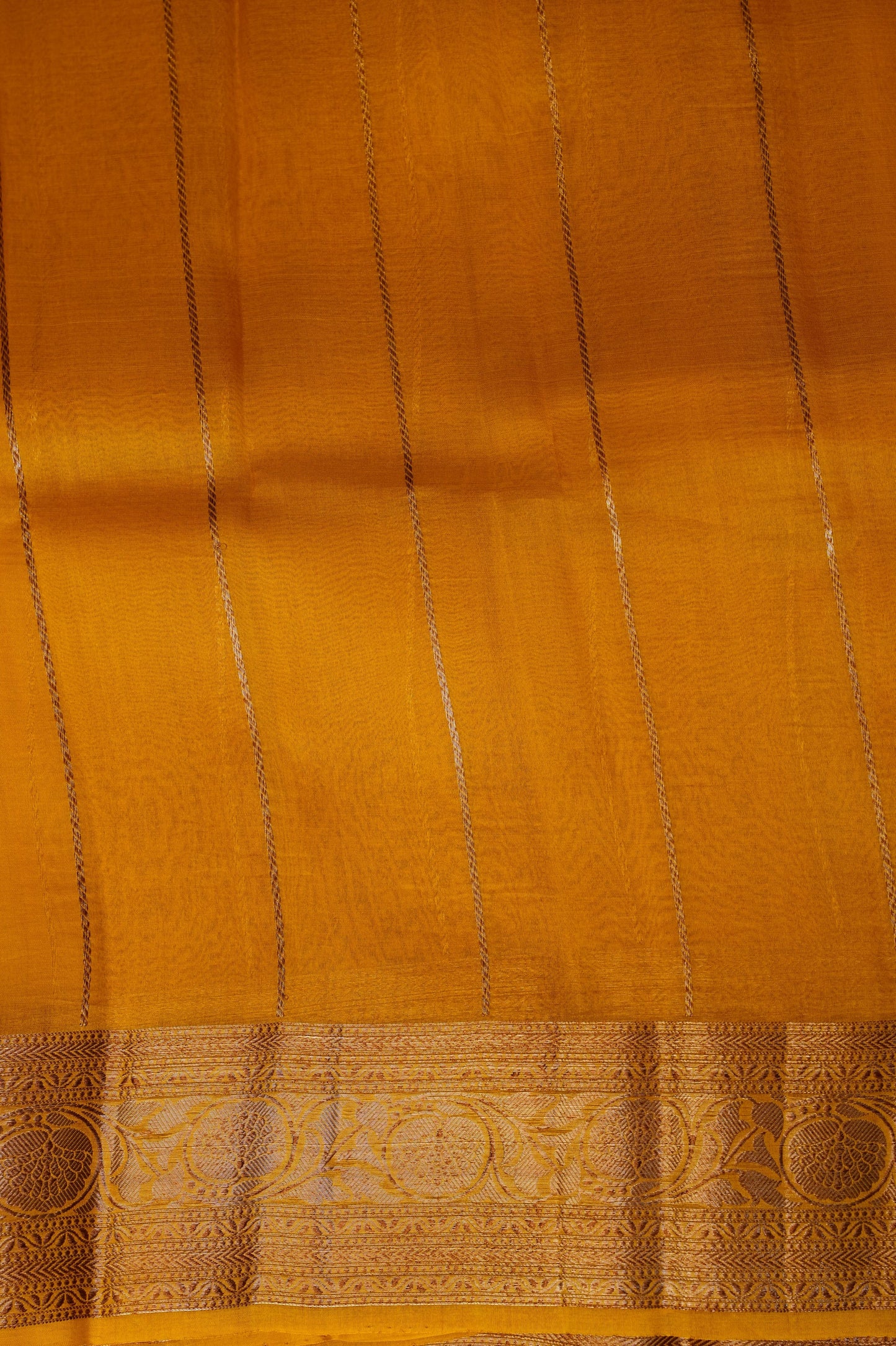 Pure Banarasi Organza(Kora) Silk Handloom Saree with Antique Gold Zari Buttas & Border – Champagne Gold & Mustard | Silk Mark Certified