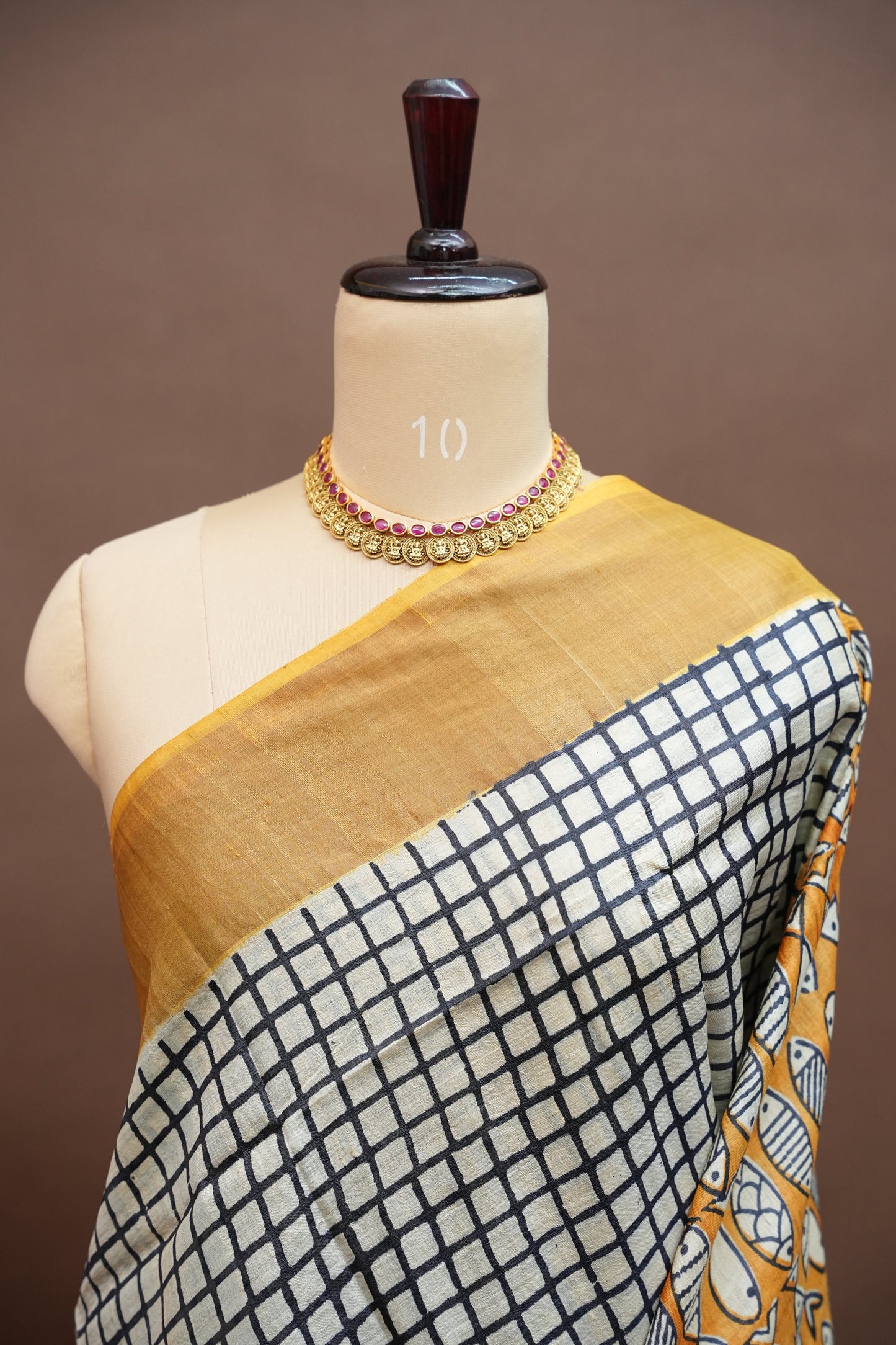 Pure Tussar Silk Saree in Ivory Checks with Mustard Yellow|Silk Mark Certified