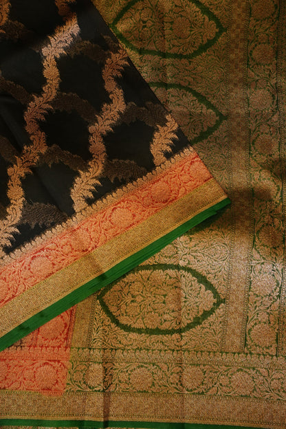 Pure Banarasi Organza(Kora) Silk Handloom Saree with Antique Zari Jaal & 3D Border – Black with Red & Green | Silk Mark Certified