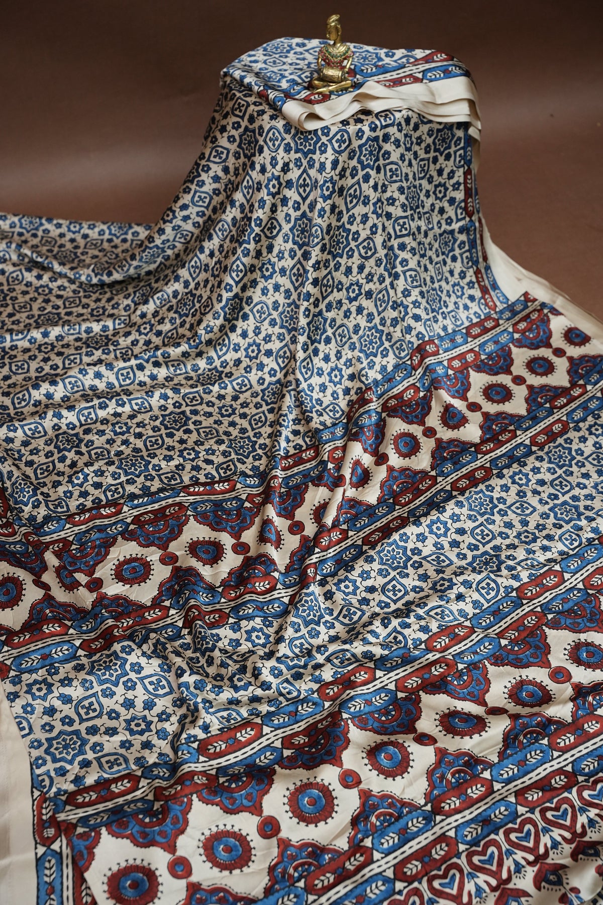 Pure Modal Silk Saree in Beige Base with Blue Ajrakh Block Prints