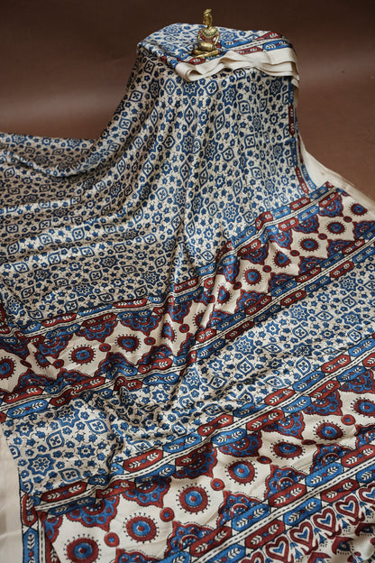 Pure Modal Silk Saree in Beige Base with Blue Ajrakh Block Prints