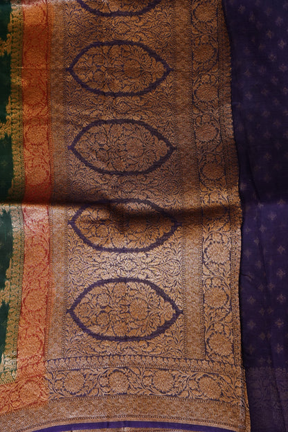 Pure Banarasi Organza(Kora) Silk Handloom Saree with Antique Zari Jaal & Contrast Border – Emerald Green with Red Border & Purple Pallu | Silk Mark Certified