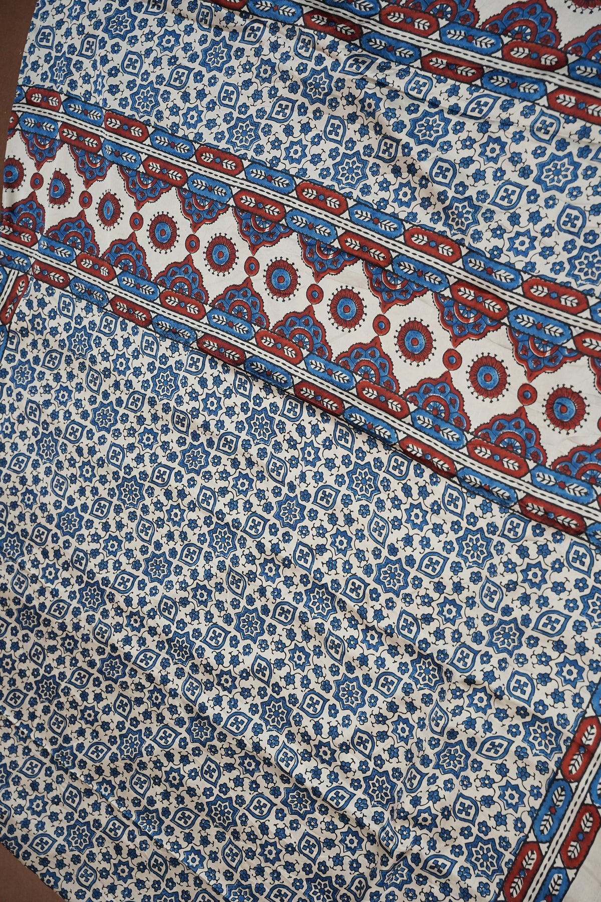 Pure Modal Silk Saree in Beige Base with Blue Ajrakh Block Prints