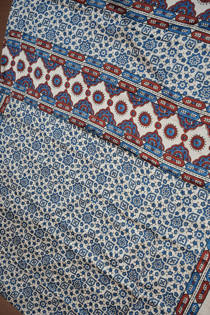 Pure Modal Silk Saree in Beige Base with Blue Ajrakh Block Prints