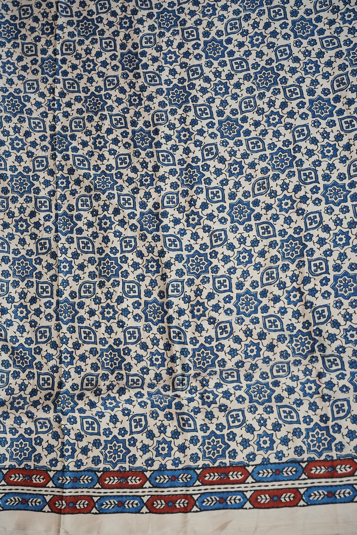 Pure Modal Silk Saree in Beige Base with Blue Ajrakh Block Prints