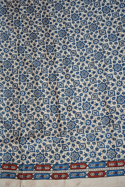 Pure Modal Silk Saree in Beige Base with Blue Ajrakh Block Prints