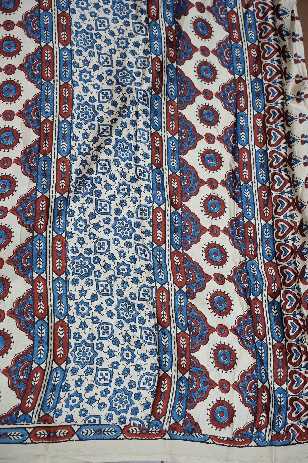Pure Modal Silk Saree in Beige Base with Blue Ajrakh Block Prints