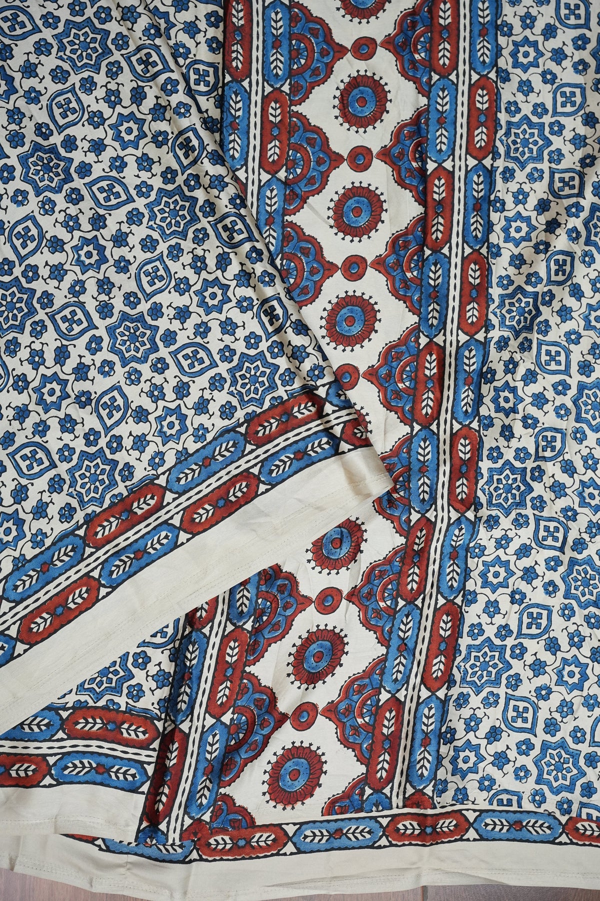 Pure Modal Silk Saree in Beige Base with Blue Ajrakh Block Prints