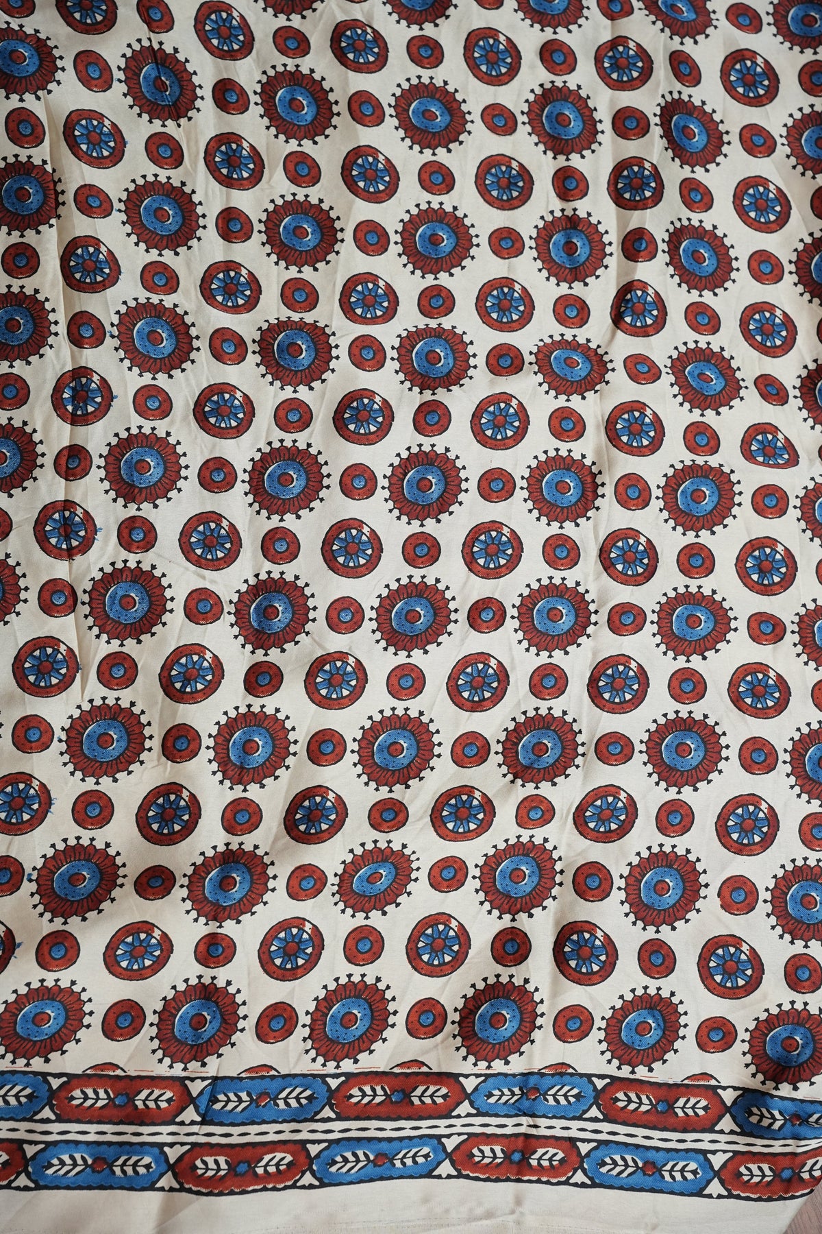 Pure Modal Silk Saree in Beige Base with Blue Ajrakh Block Prints