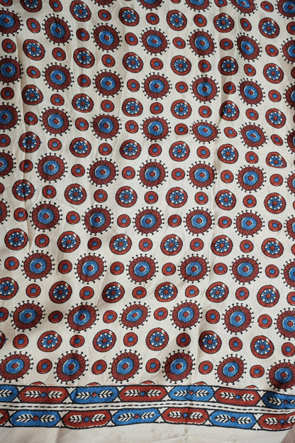 Pure Modal Silk Saree in Beige Base with Blue Ajrakh Block Prints