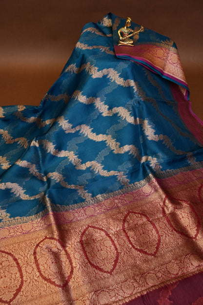 Pure Banarasi Organza(Kora) Silk Handloom Saree with Antique Zari Jaal – Teal Blue with Deep Red Border | Silk Mark Certified