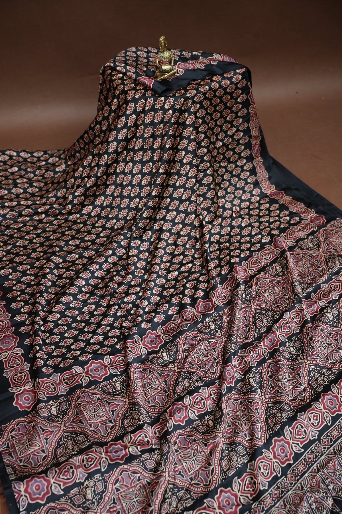 Pure Modal Silk Saree in Black with Ajrakh Block Prints
