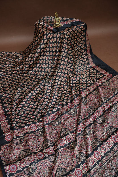 Pure Modal Silk Saree in Black with Ajrakh Block Prints