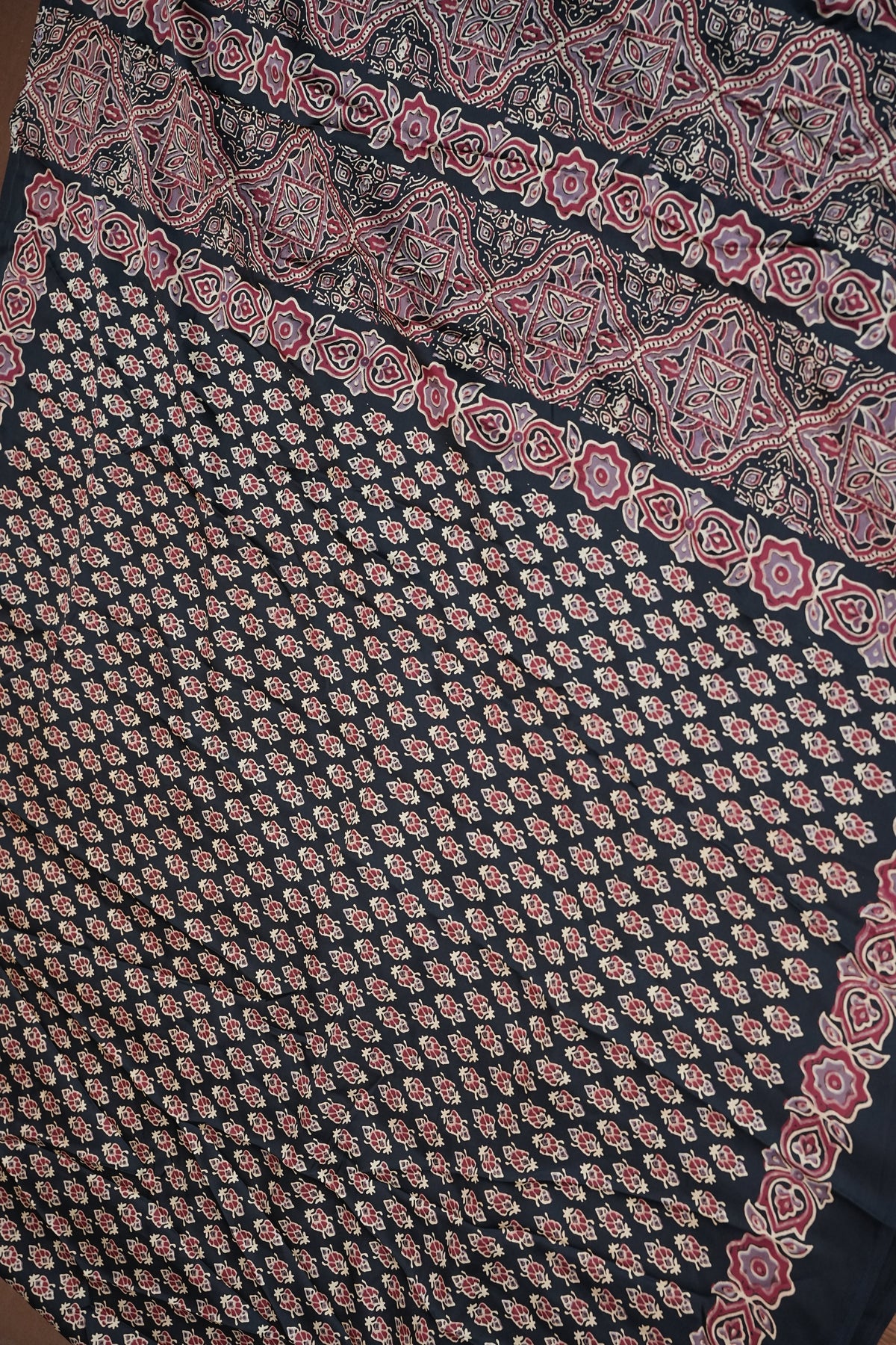 Pure Modal Silk Saree in Black with Ajrakh Block Prints