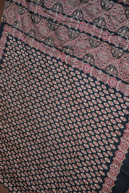 Pure Modal Silk Saree in Black with Ajrakh Block Prints