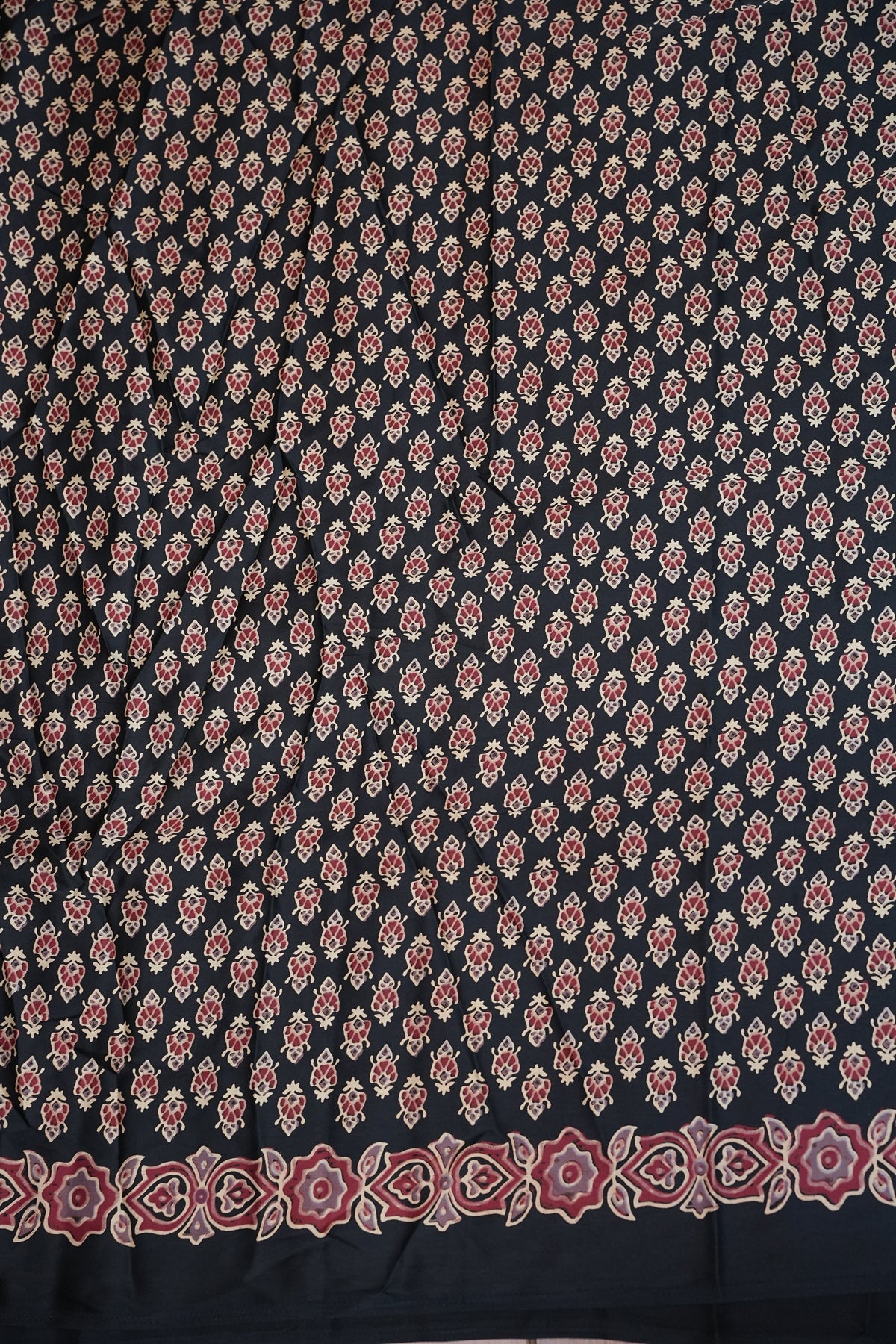 Pure Modal Silk Saree in Black with Ajrakh Block Prints