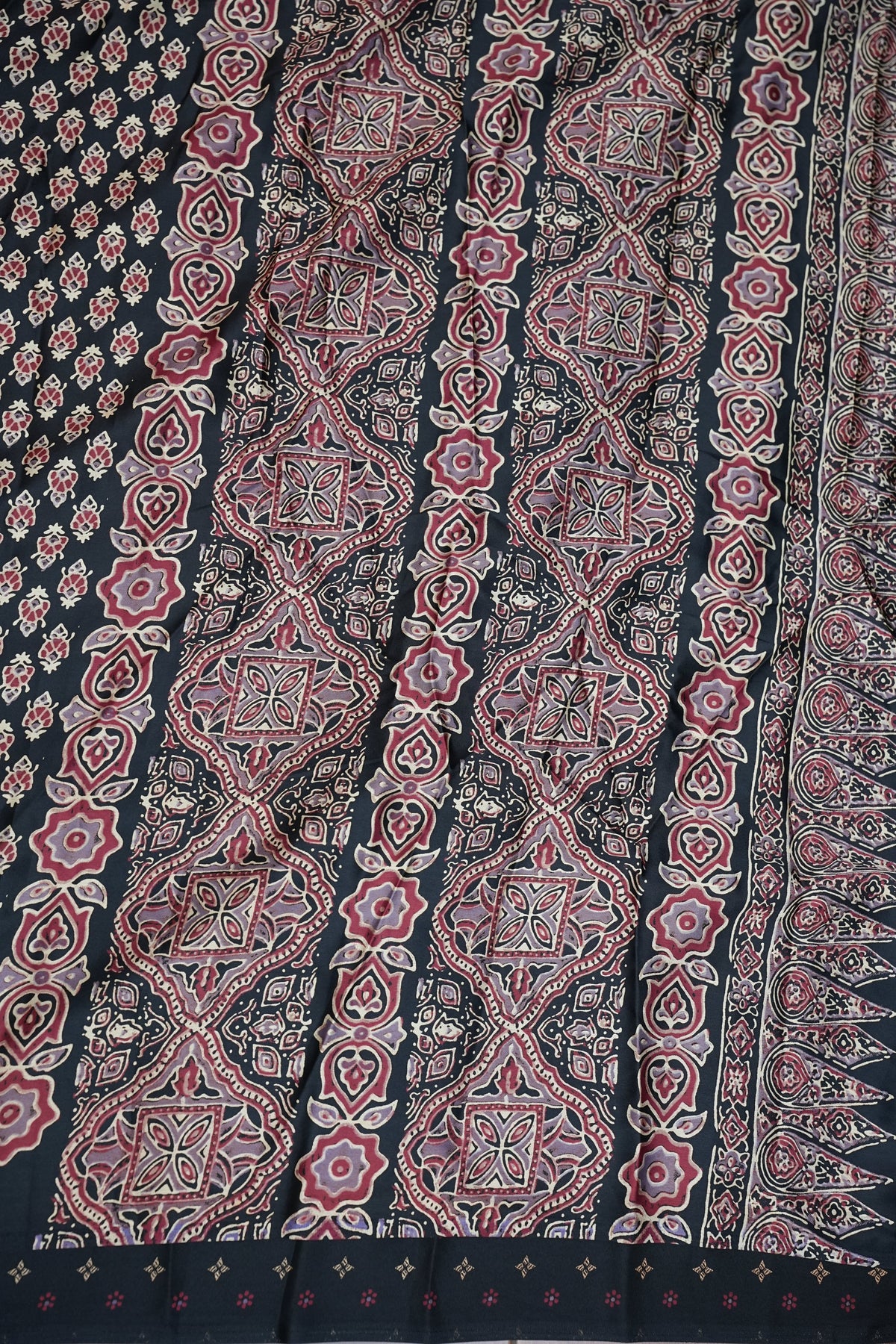 Pure Modal Silk Saree in Black with Ajrakh Block Prints