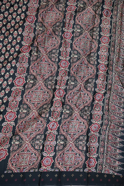 Pure Modal Silk Saree in Black with Ajrakh Block Prints