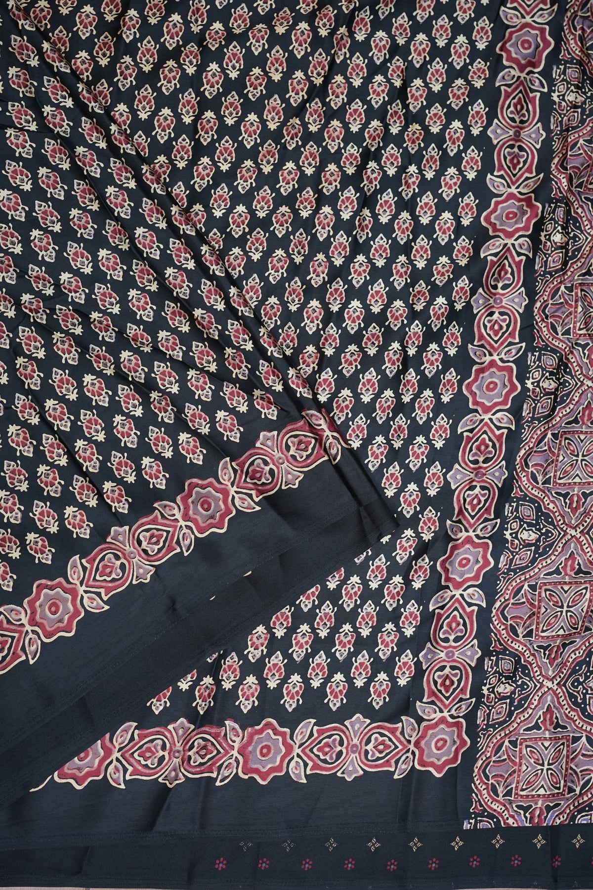 Pure Modal Silk Saree in Black with Ajrakh Block Prints