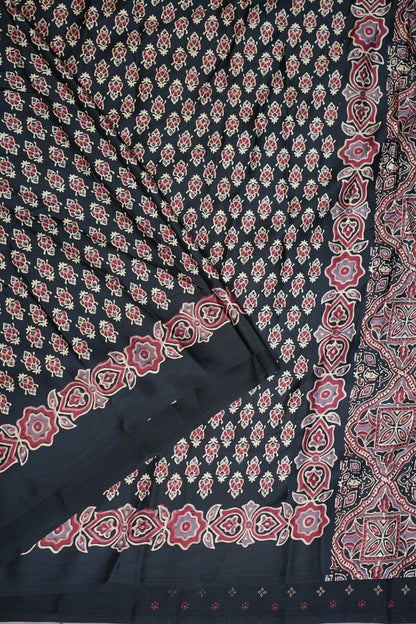 Pure Modal Silk Saree in Black with Ajrakh Block Prints