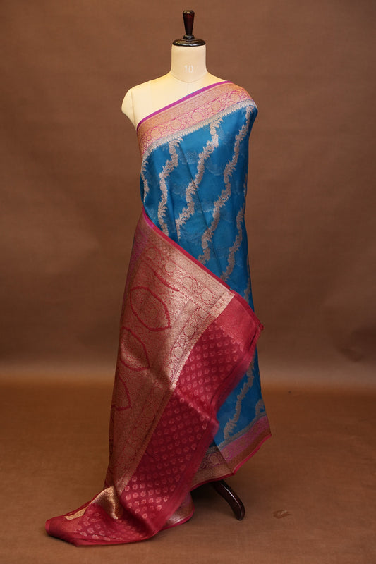 Pure Banarasi Organza(Kora) Silk Handloom Saree with Antique Zari Jaal – Teal Blue with Deep Red Border | Silk Mark Certified