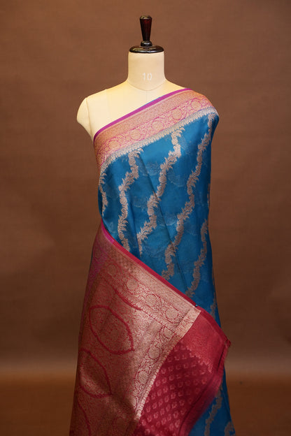 Pure Banarasi Organza(Kora) Silk Handloom Saree with Antique Zari Jaal – Teal Blue with Deep Red Border | Silk Mark Certified