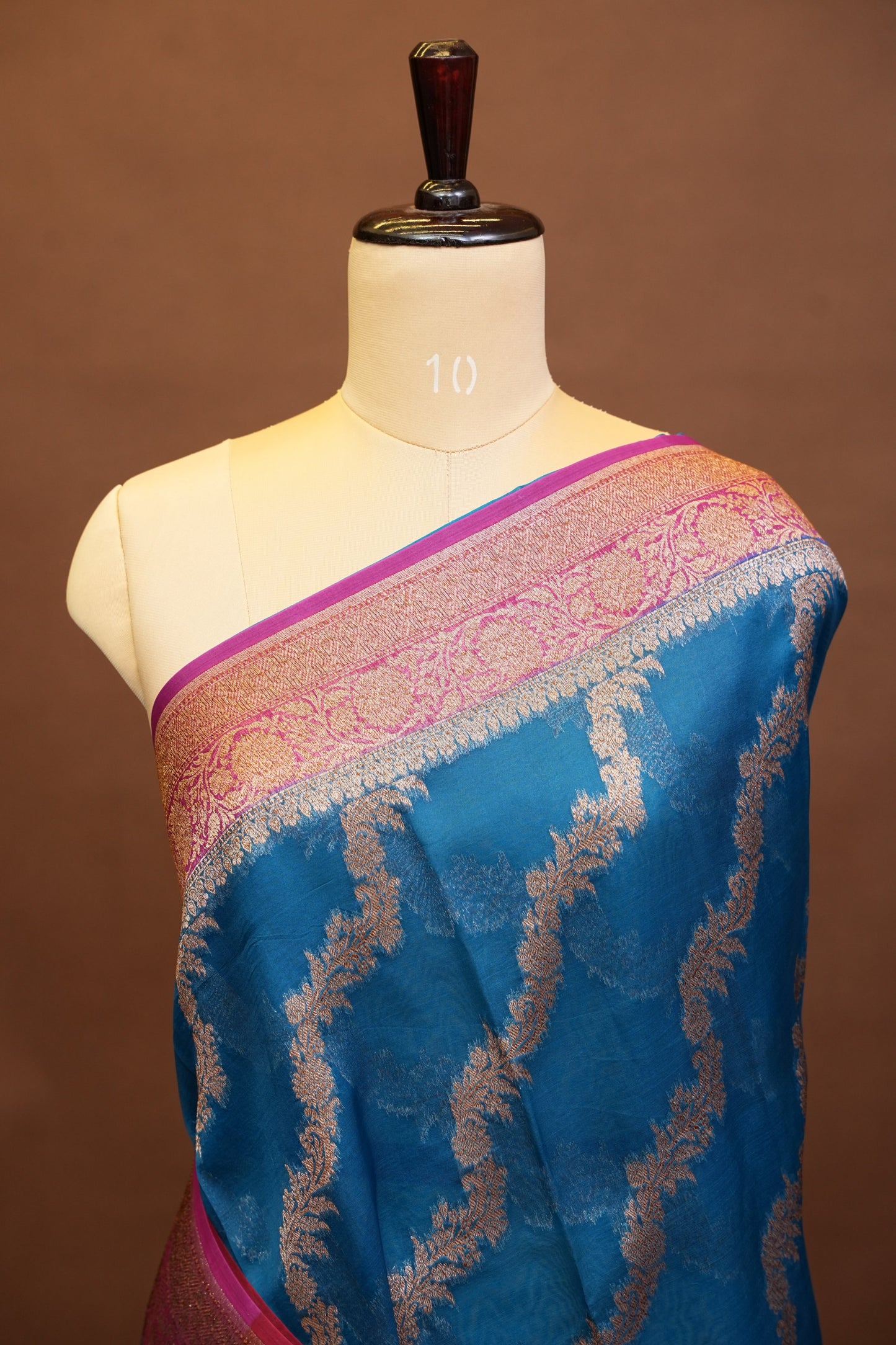 Pure Banarasi Organza(Kora) Silk Handloom Saree with Antique Zari Jaal – Teal Blue with Deep Red Border | Silk Mark Certified