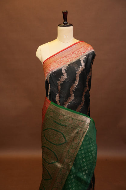 Pure Banarasi Organza(Kora) Silk Handloom Saree with Antique Zari Jaal & 3D Border – Black with Red & Green | Silk Mark Certified